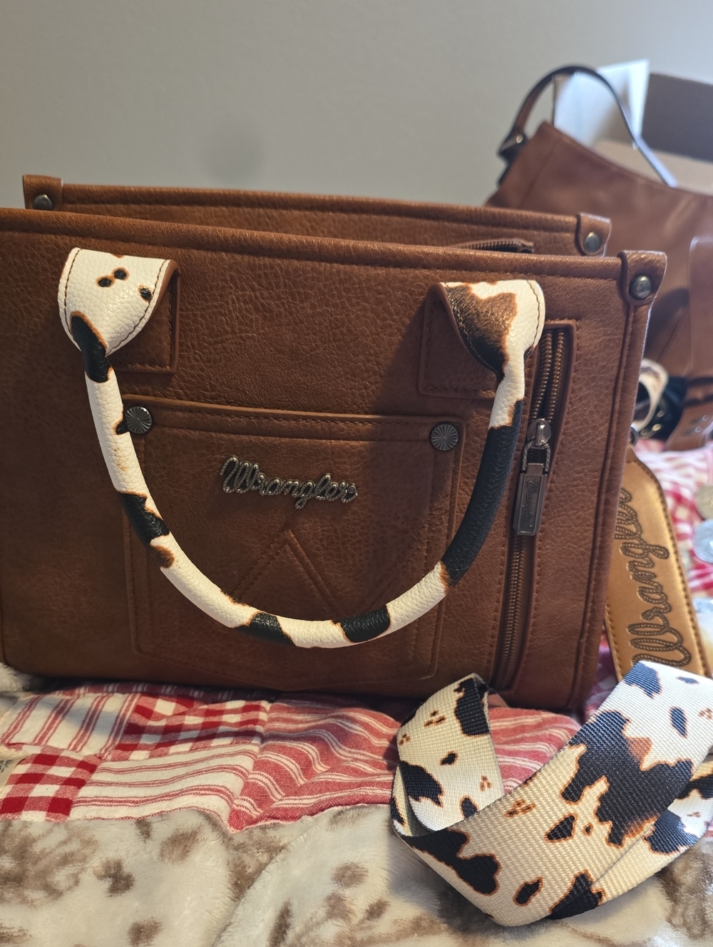 Wrangler Cow Print Western Tote Crossbody Bag Brown